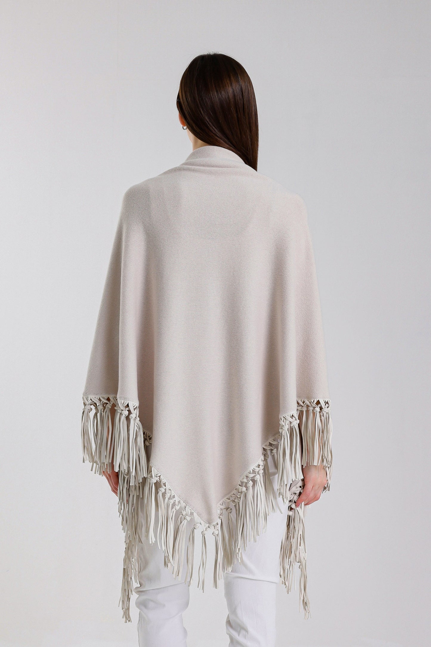Yasmine Merino Cashmere Silk Wrap with Leather Fringe 250 Beige-4