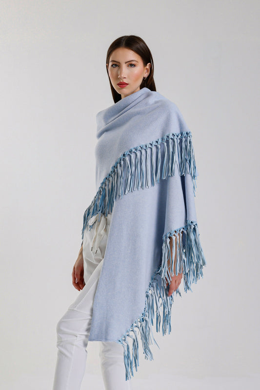 Yasmine Merino Cashmere Silk Wrap with Leather Fringe 428 Celestial Blue-2