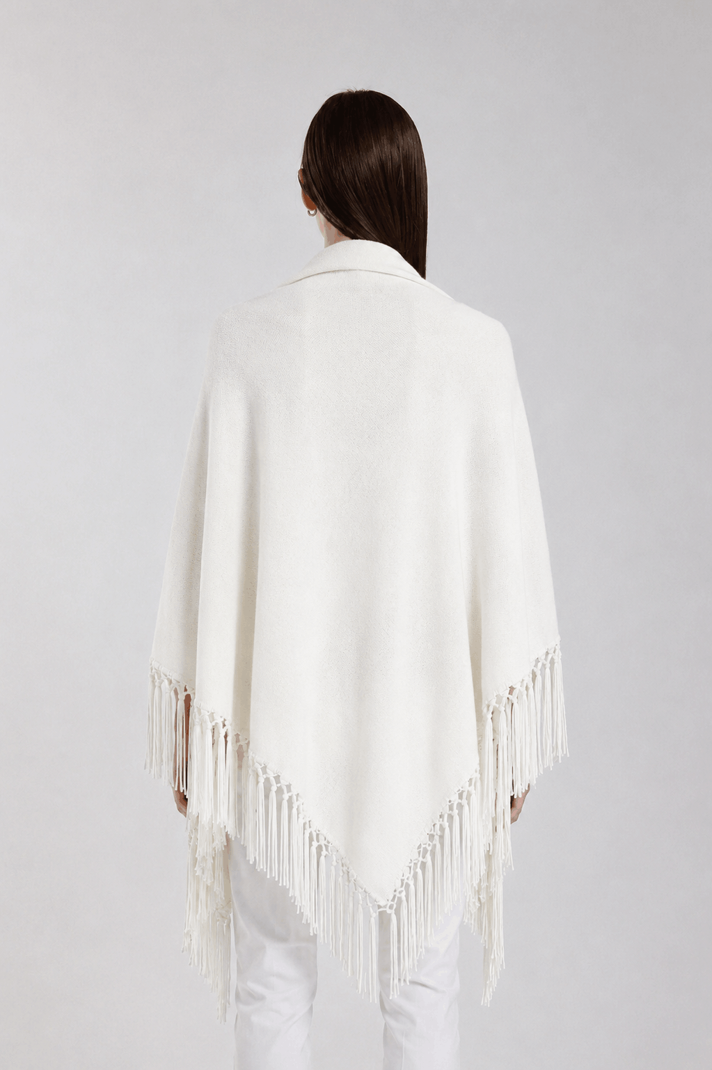 Yasmine Merino Cashmere Silk Wrap with Leather Fringe 113 Winter White-3