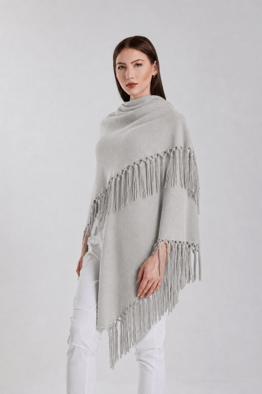 Yasmine Merino Cashmere Silk Wrap with Leather Fringe 150 Pearl-2