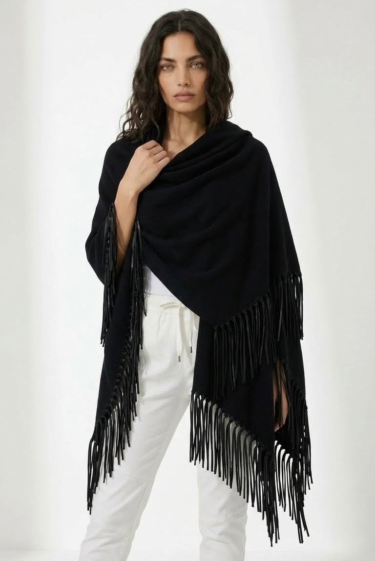 トップス shinya Raquel black wool cashmere silk Yasmine Merino Cashmere Silk Wrap with Leather Fringe – Wraps By Tina