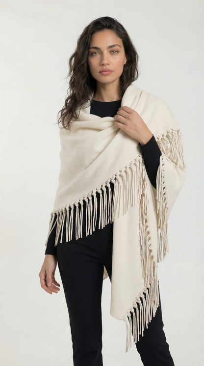 Yasmine Merino Cashmere Silk Wrap with Leather Fringe