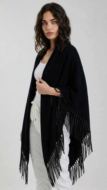Yasmine Merino Cashmere Silk Wrap with Leather Fringe
