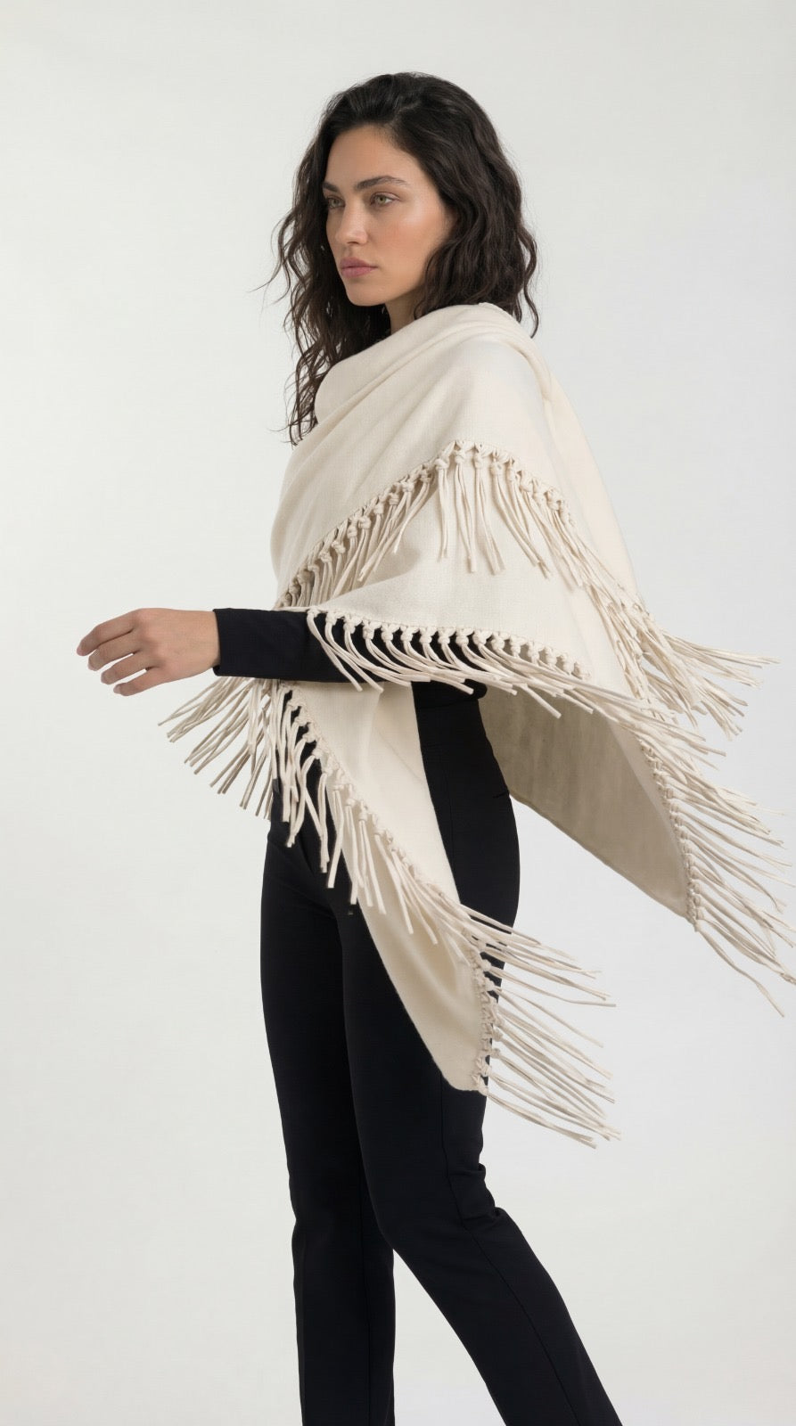 Yasmine Merino Cashmere Silk Wrap with Leather Fringe