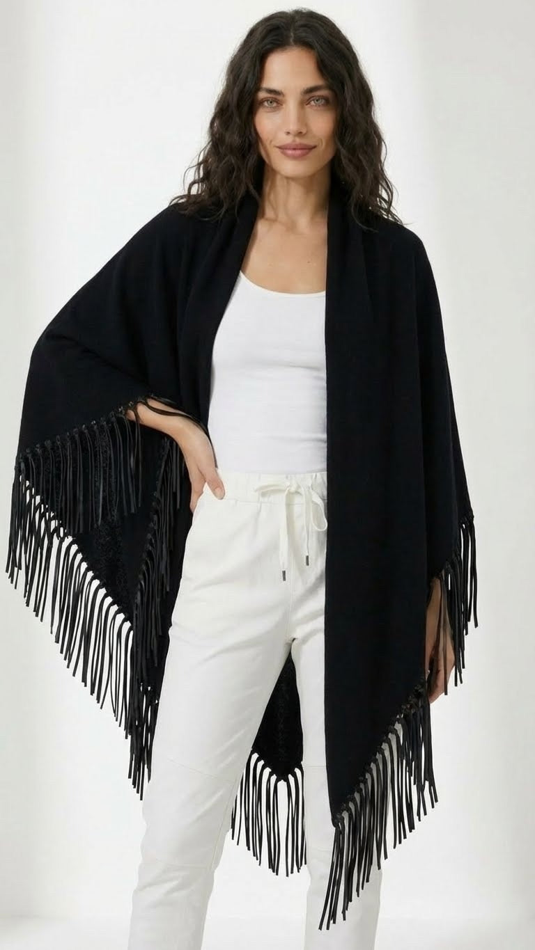 Yasmine Merino Cashmere Silk Wrap with Leather Fringe