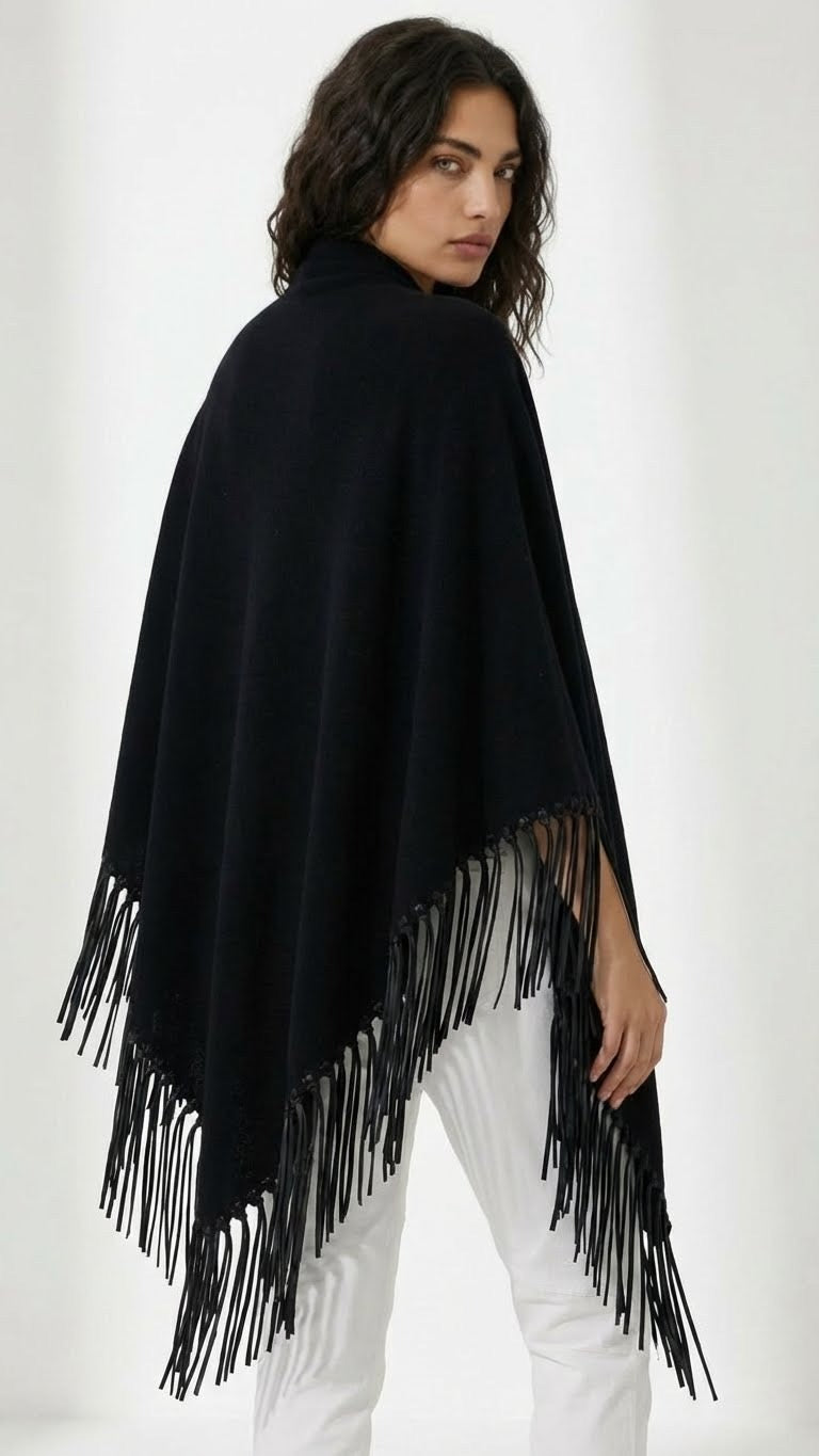 Yasmine Merino Cashmere Silk Wrap with Leather Fringe