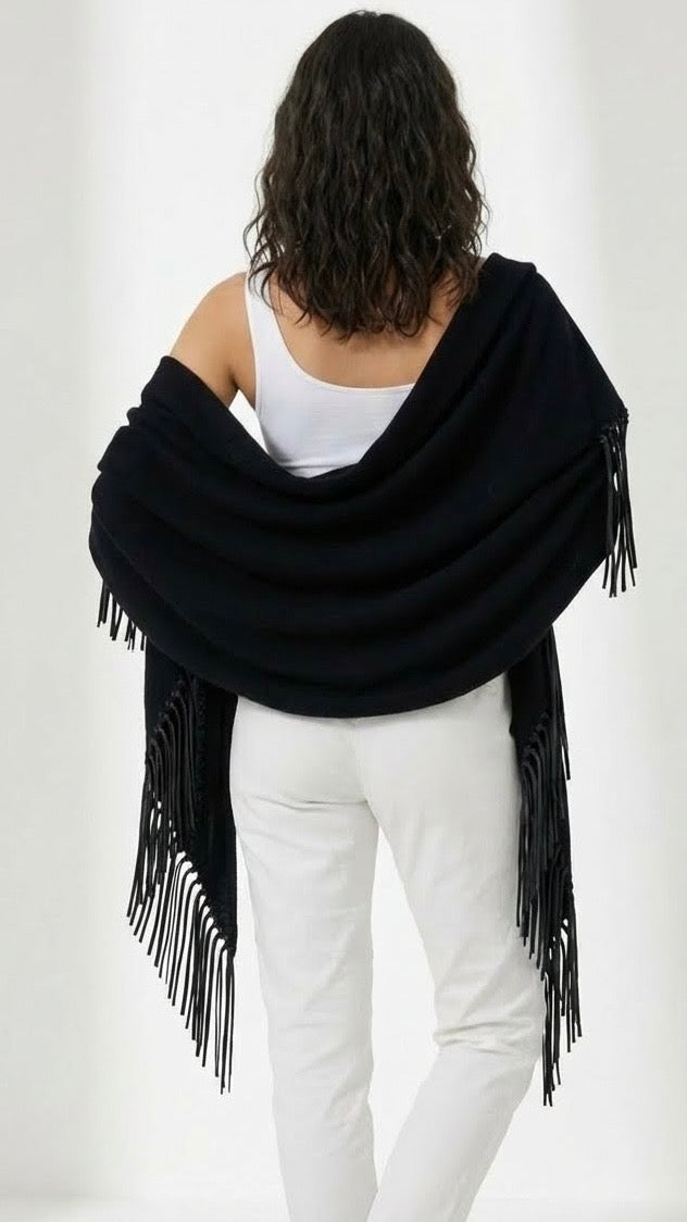 Yasmine Merino Cashmere Silk Wrap with Leather Fringe