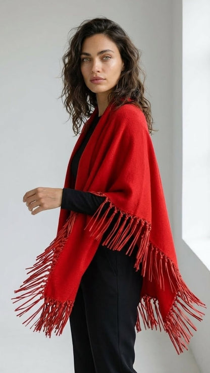 Yasmine Merino Cashmere Silk Wrap with Leather Fringe