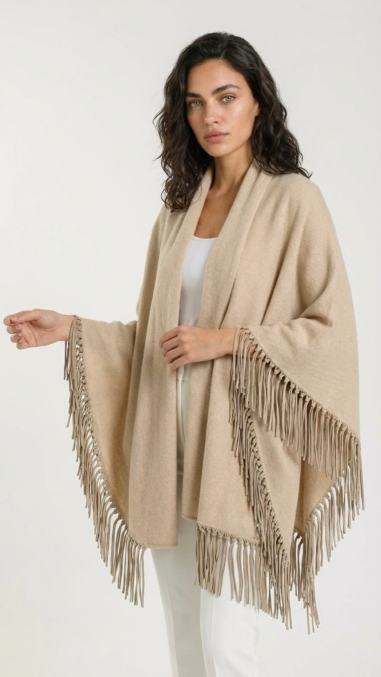 Yasmine Merino Cashmere Silk Wrap with Leather Fringe – Wraps By Tina