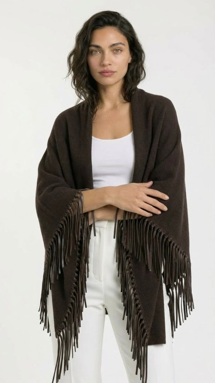 Yasmine Merino Cashmere Silk Wrap with Leather Fringe