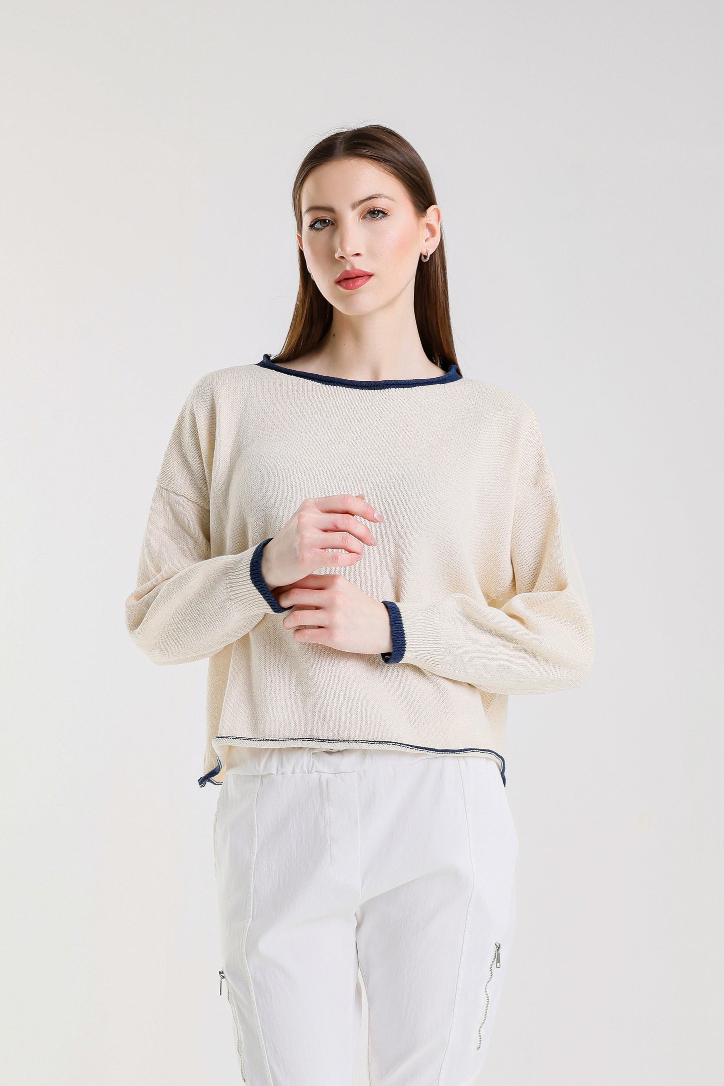 Fabia Roll Hem Contrast Trim Sweater (BLS156)