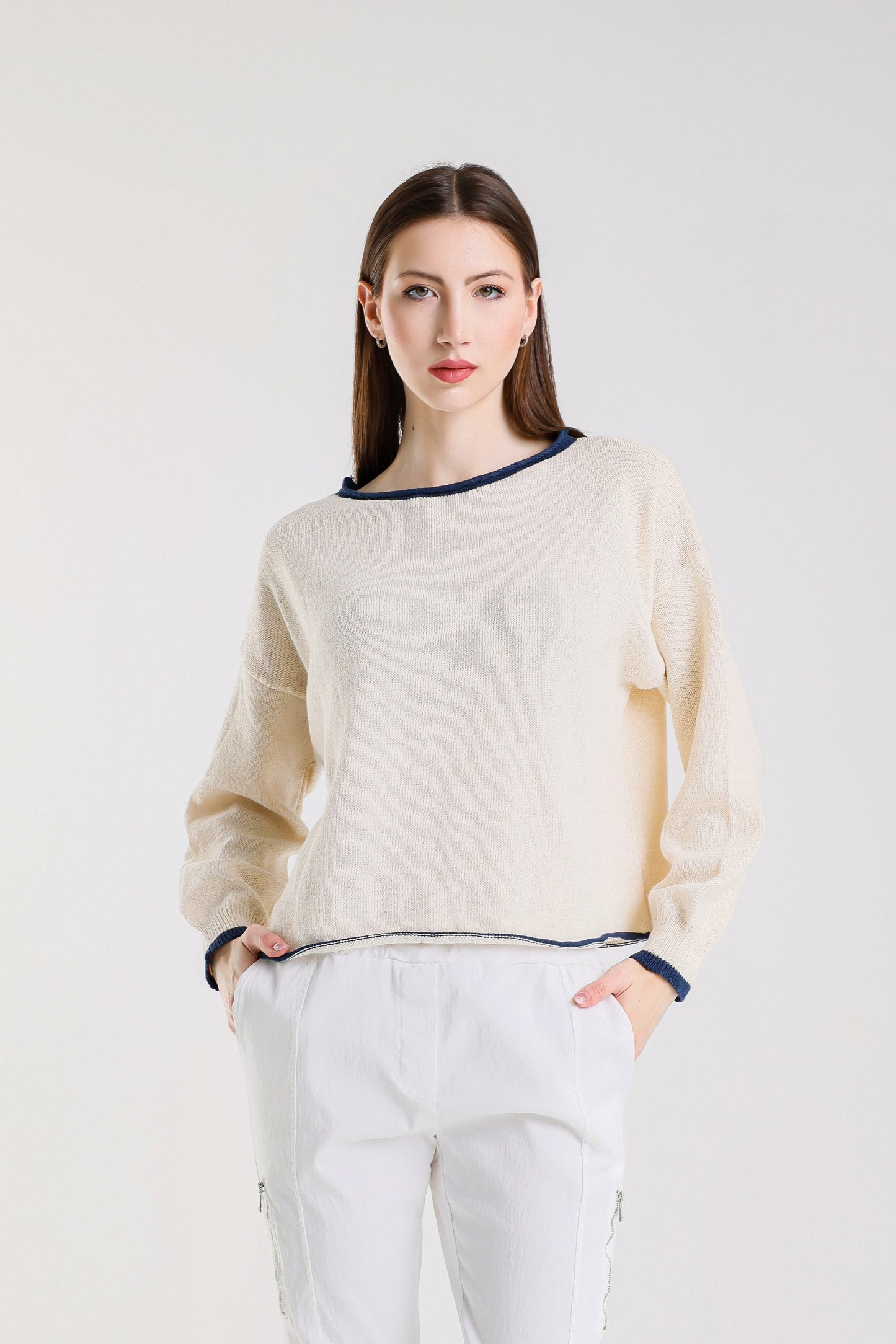 Fabia Roll Hem Contrast Trim Sweater (BLS156)