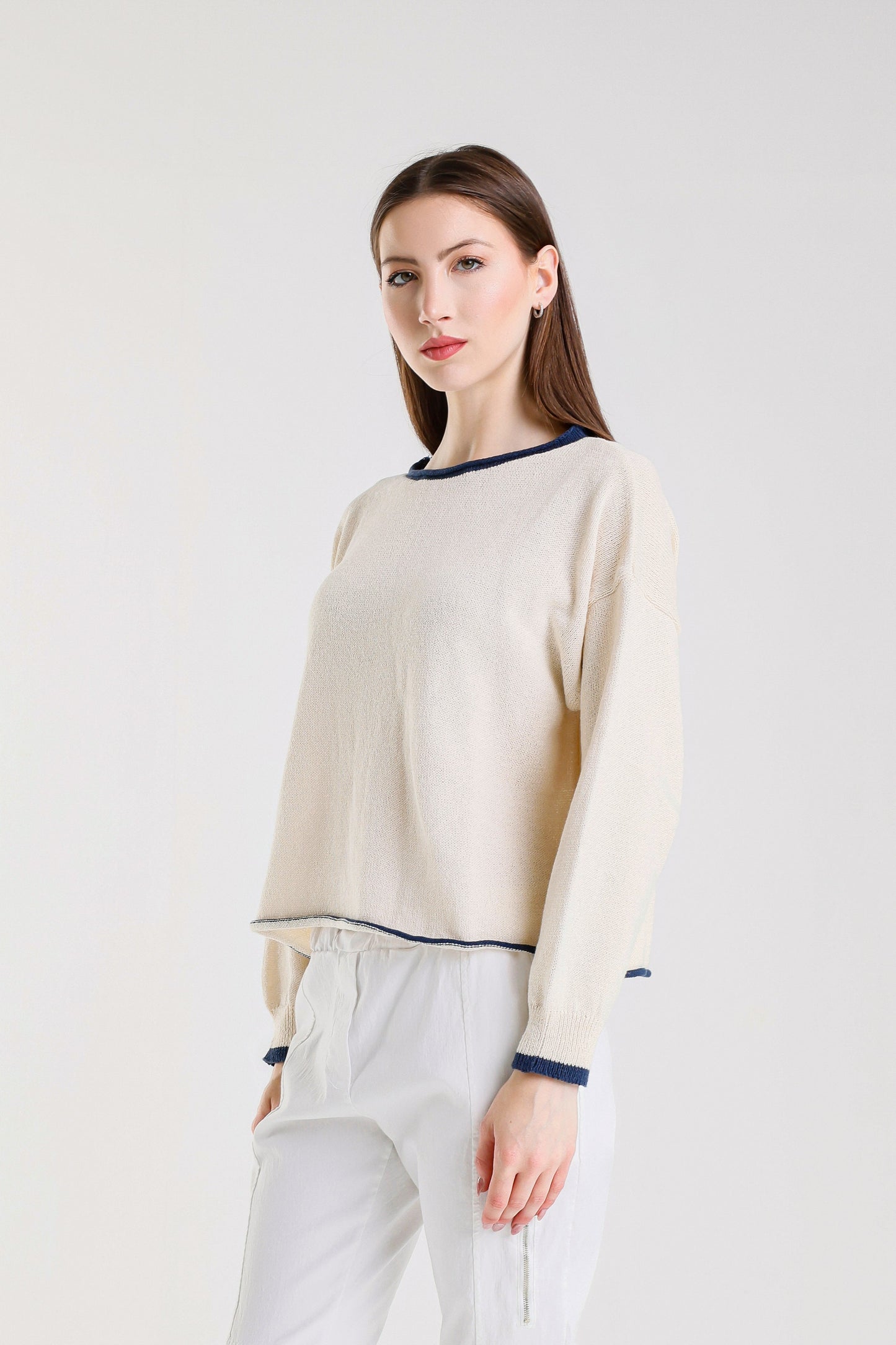Fabia Roll Hem Contrast Trim Sweater (BLS156)