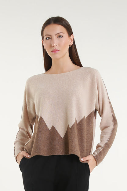BLS320 921 Bisque/Walnut Evelina LS Merino/Cashmere Crew Neck Peak Sweater