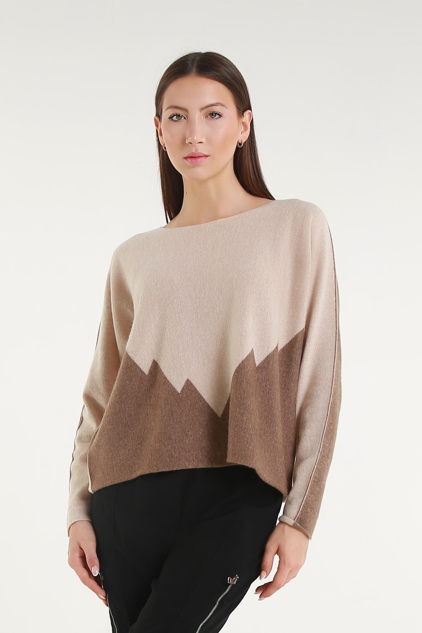 BLS320 921 Bisque/Walnut Evelina LS Merino/Cashmere Crew Neck Peak Sweater