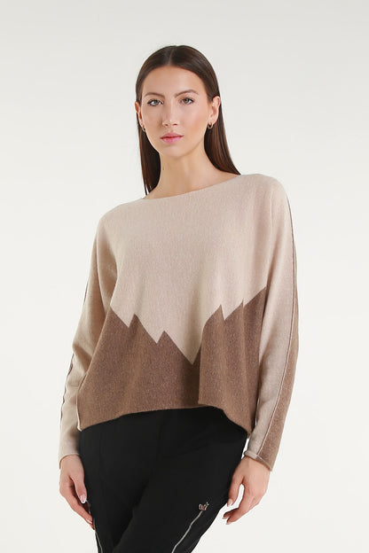 BLS320 921 Bisque/Walnut Evelina LS Merino/Cashmere Crew Neck Peak Sweater