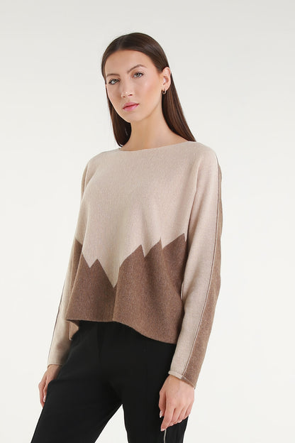 BLS320 921 Bisque/Walnut Evelina LS Merino/Cashmere Crew Neck Peak Sweater
