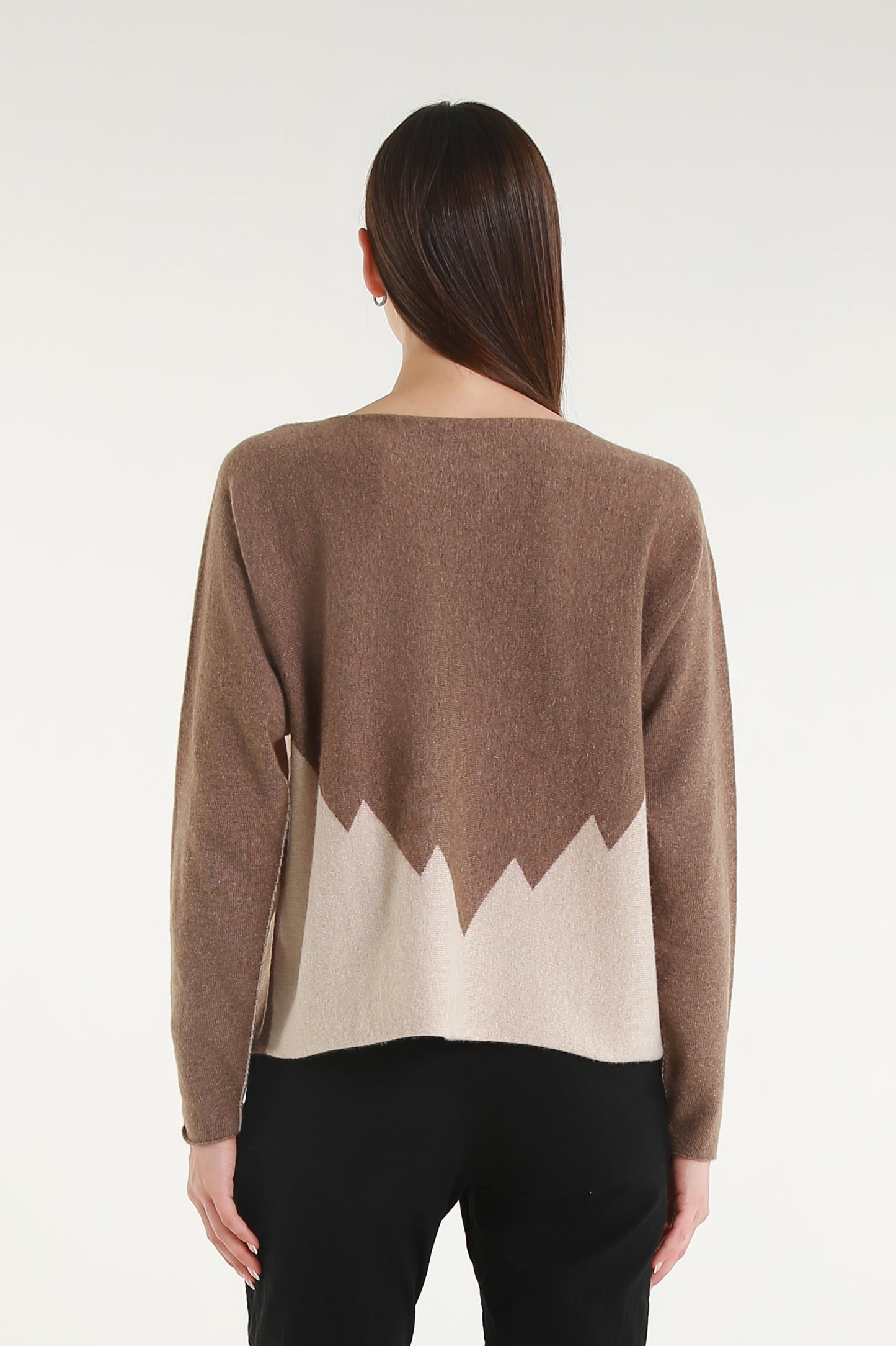 BLS320 921 Bisque/Walnut Evelina LS Merino/Cashmere Crew Neck Peak Sweater