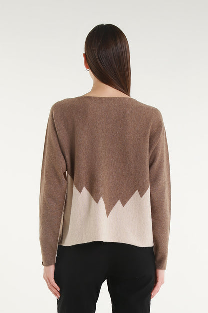 BLS320 921 Bisque/Walnut Evelina LS Merino/Cashmere Crew Neck Peak Sweater