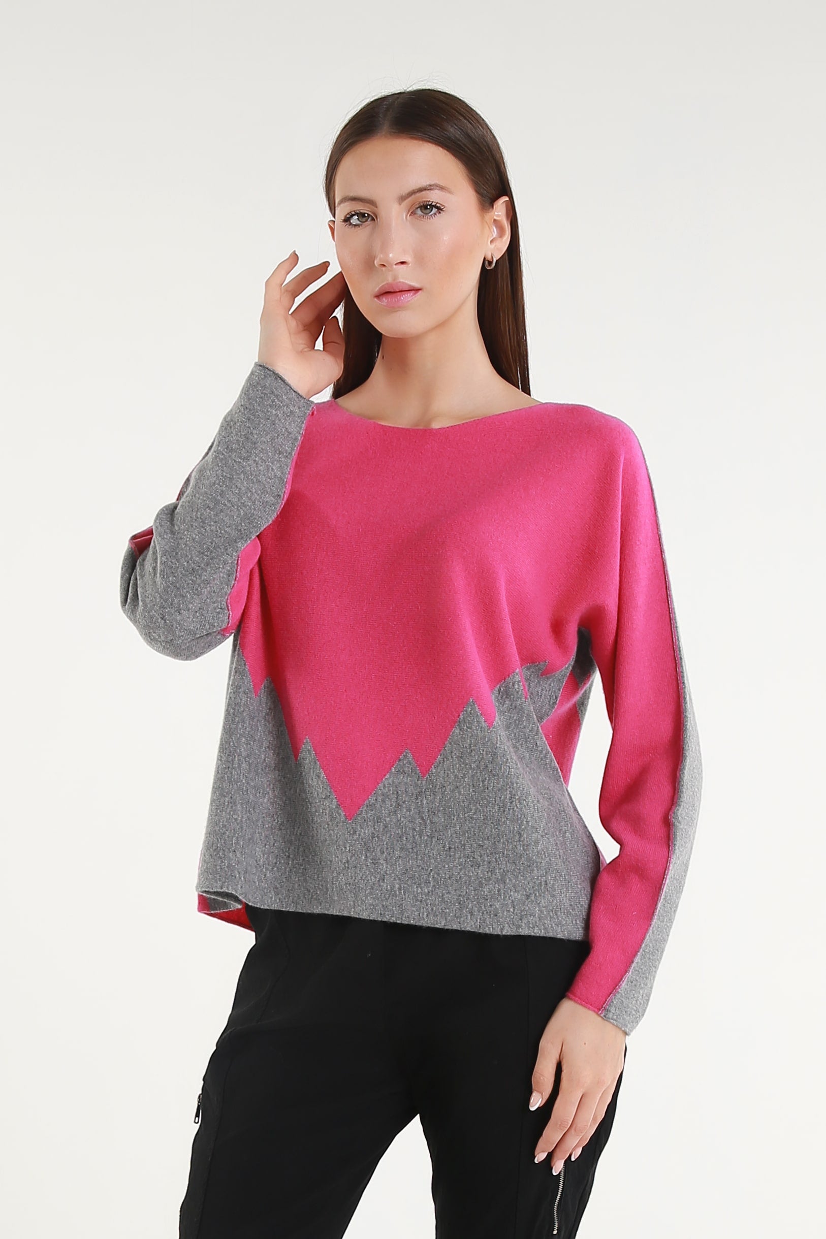 BLS320 955 Peony/Steel Gray Evelina LS Merino/Cashmere Crew Neck Peak Sweater