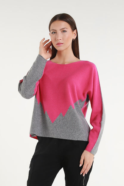 BLS320 955 Peony/Steel Gray Evelina LS Merino/Cashmere Crew Neck Peak Sweater
