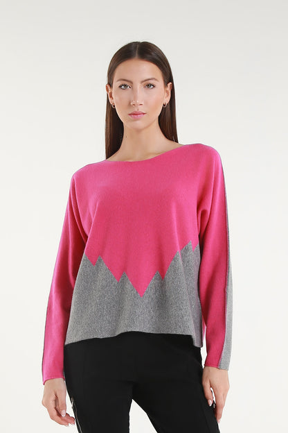 BLS320 955 Peony/Steel Gray Evelina LS Merino/Cashmere Crew Neck Peak Sweater