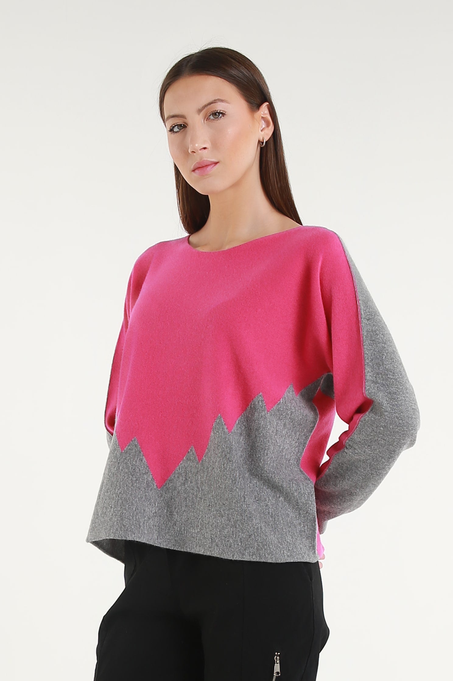 BLS320 955 Peony/Steel Gray Evelina LS Merino/Cashmere Crew Neck Peak Sweater