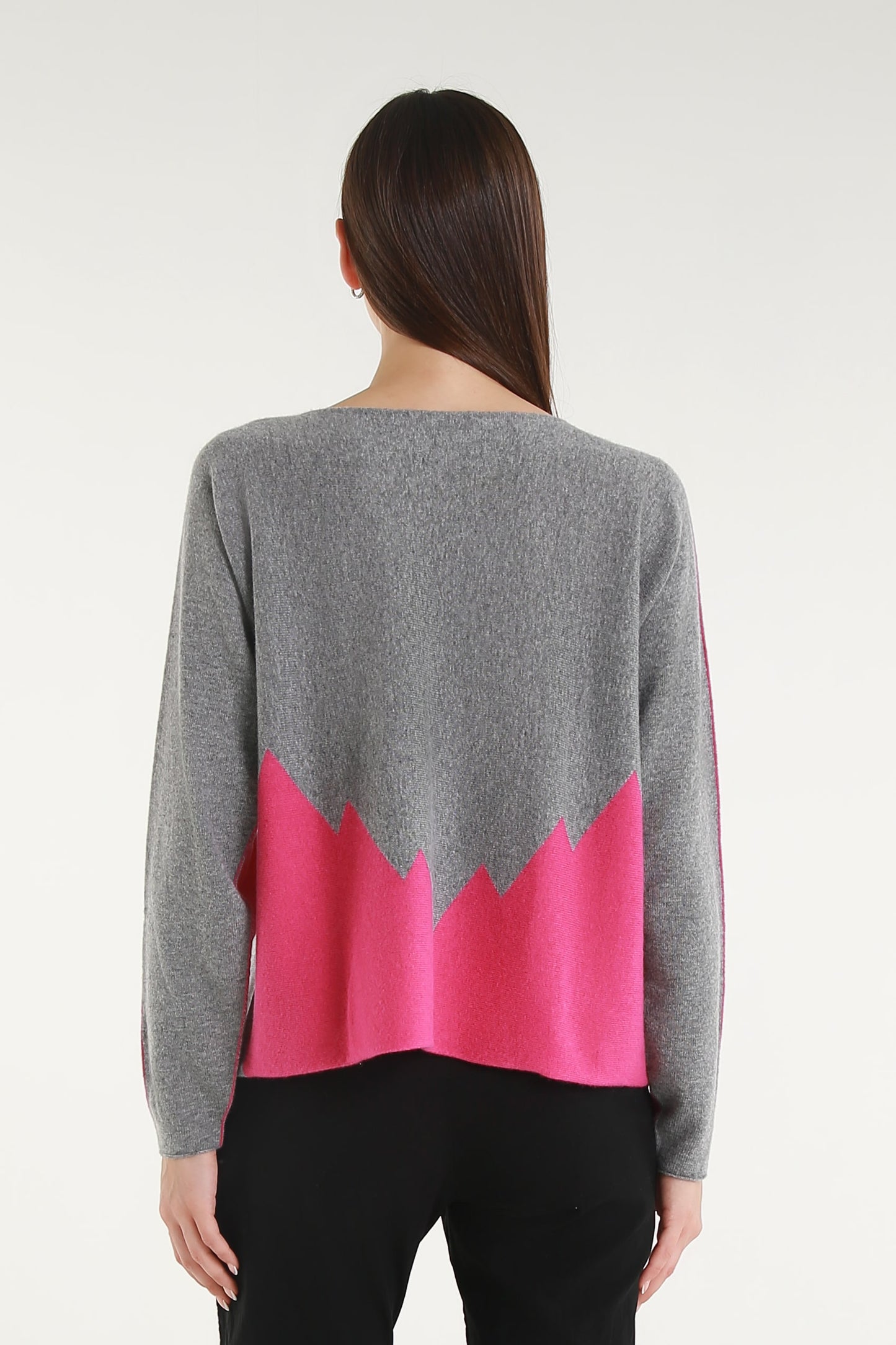 BLS320 955 Peony/Steel Gray Evelina LS Merino/Cashmere Crew Neck Peak Sweater