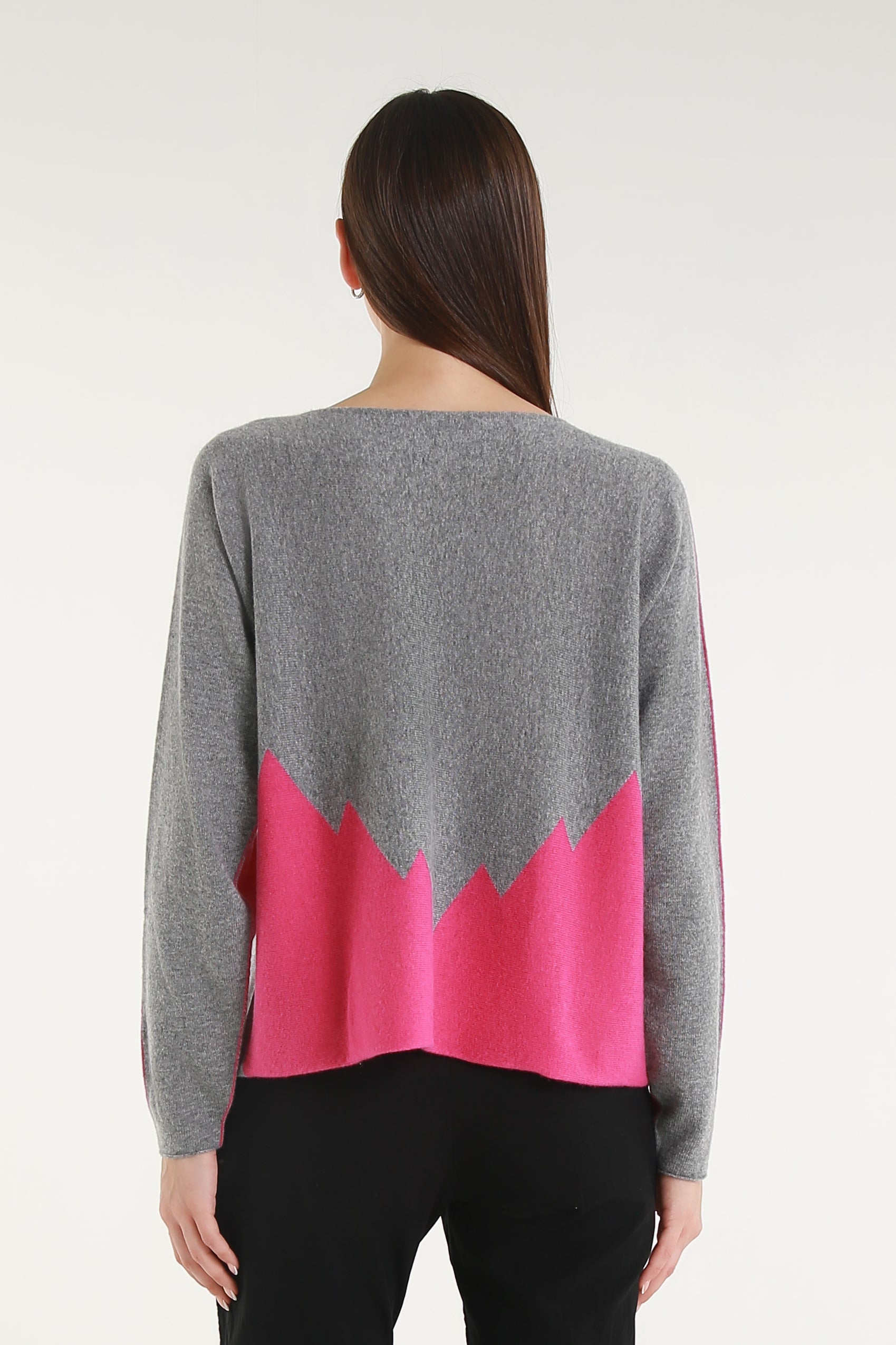 BLS320 955 Peony/Steel Gray Evelina LS Merino/Cashmere Crew Neck Peak Sweater