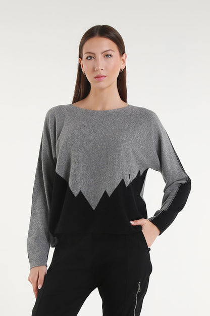 BLS320 977 Steel Gray/Black Evelina LS Merino/Cashmere Crew Neck Peak Sweater