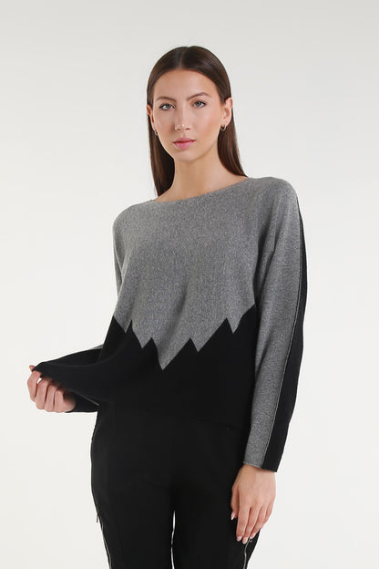 BLS320 977 Steel Gray/Black Evelina LS Merino/Cashmere Crew Neck Peak Sweater