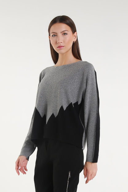 BLS320 977 Steel Gray/Black Evelina LS Merino/Cashmere Crew Neck Peak Sweater