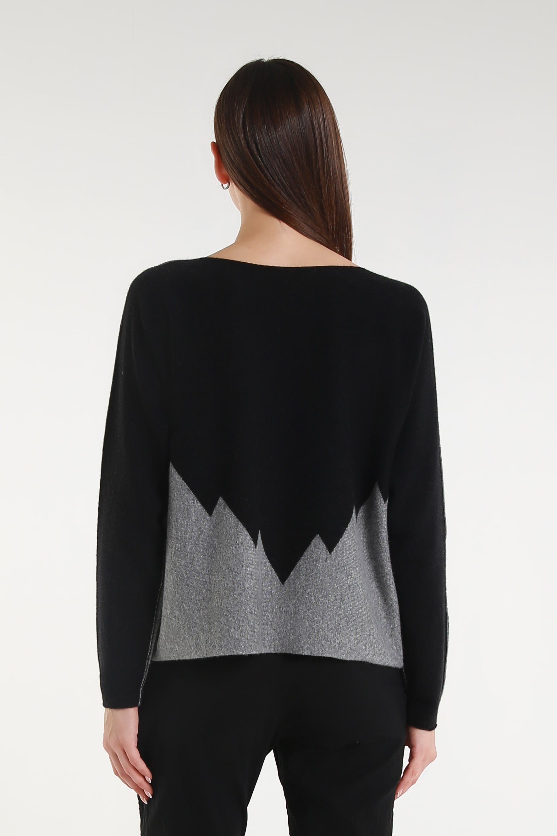 BLS320 977 Steel Gray/Black Evelina LS Merino/Cashmere Crew Neck Peak Sweater