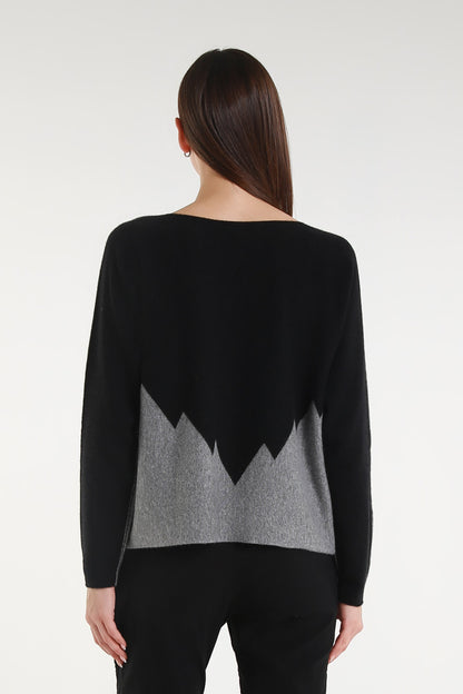 BLS320 977 Steel Gray/Black Evelina LS Merino/Cashmere Crew Neck Peak Sweater