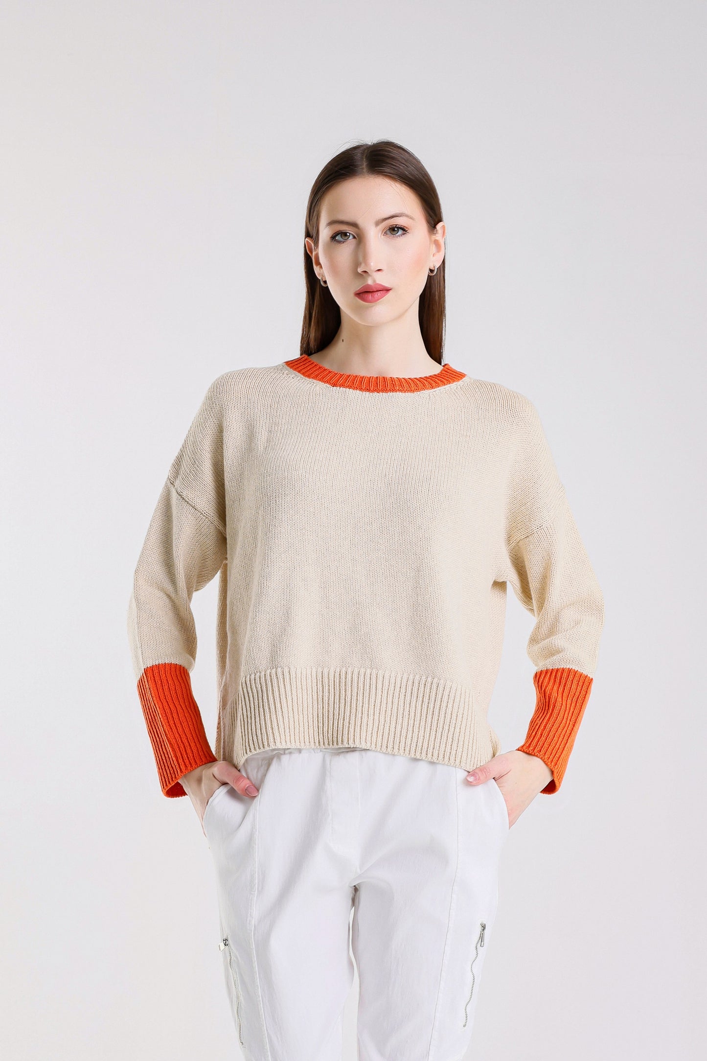 BLS915L 294 Beige/Papaya Lisbeth LS Contrast Neck/Slv Ctn Blend Hi/Low Sweater