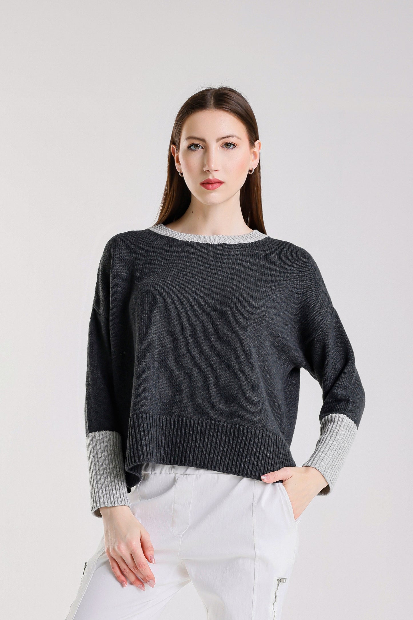 BLS915L 975 Charcoal/Pearl Lisbeth LS Contrast Neck/Slv Ctn Blend Hi/Low Sweater