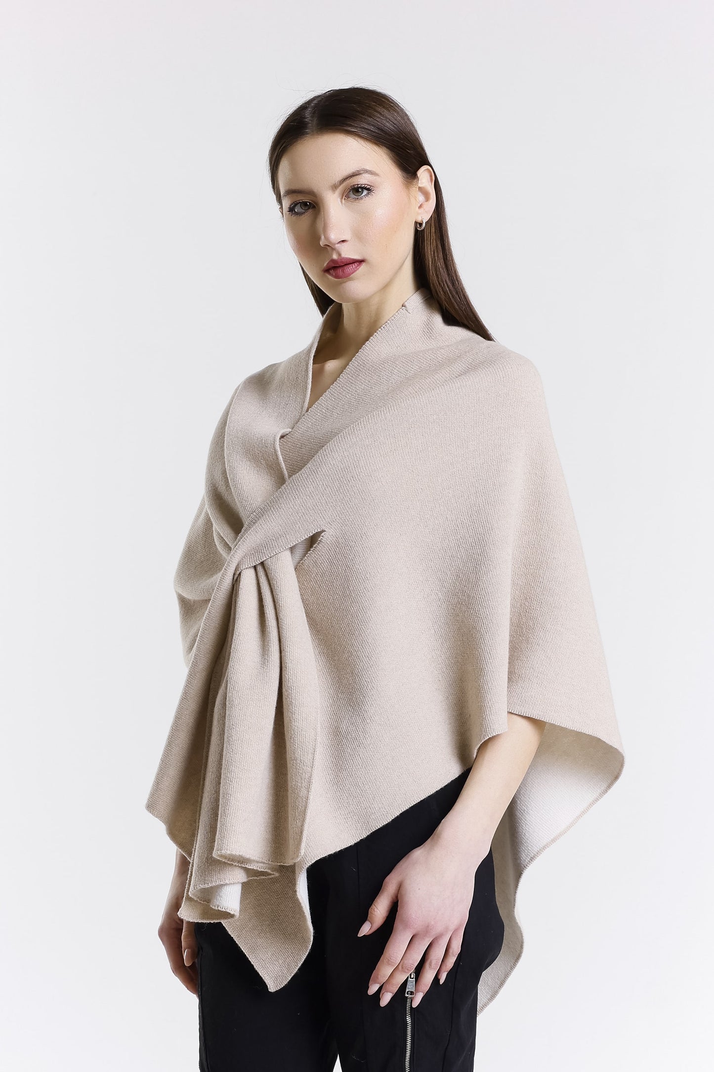 Ellen Merino/Cashmere Reversible Wrap with Loop 298 Taupe/Cream-3
