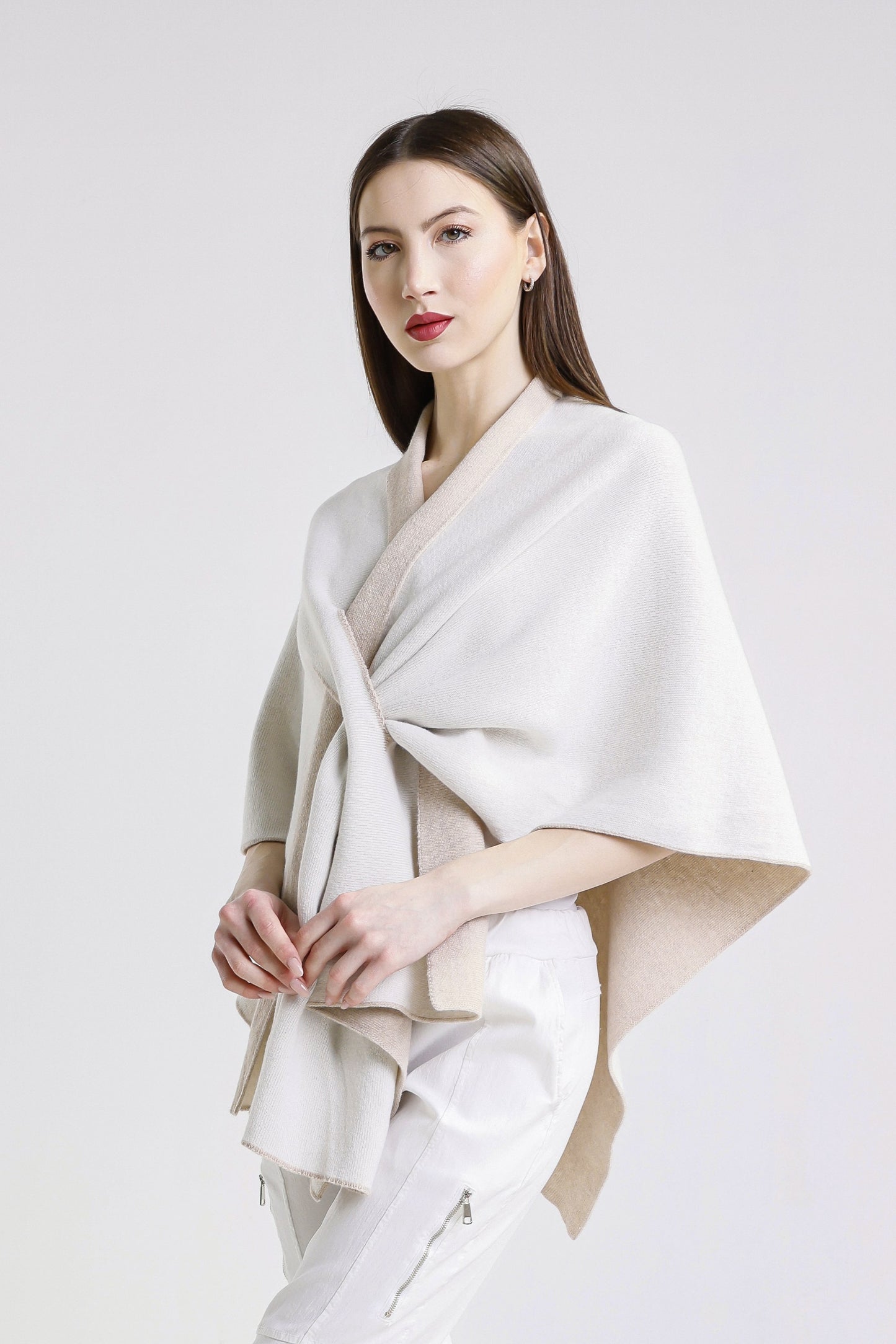 Ellen Merino/Cashmere Reversible Wrap with Loop 298 Taupe/Cream-4
