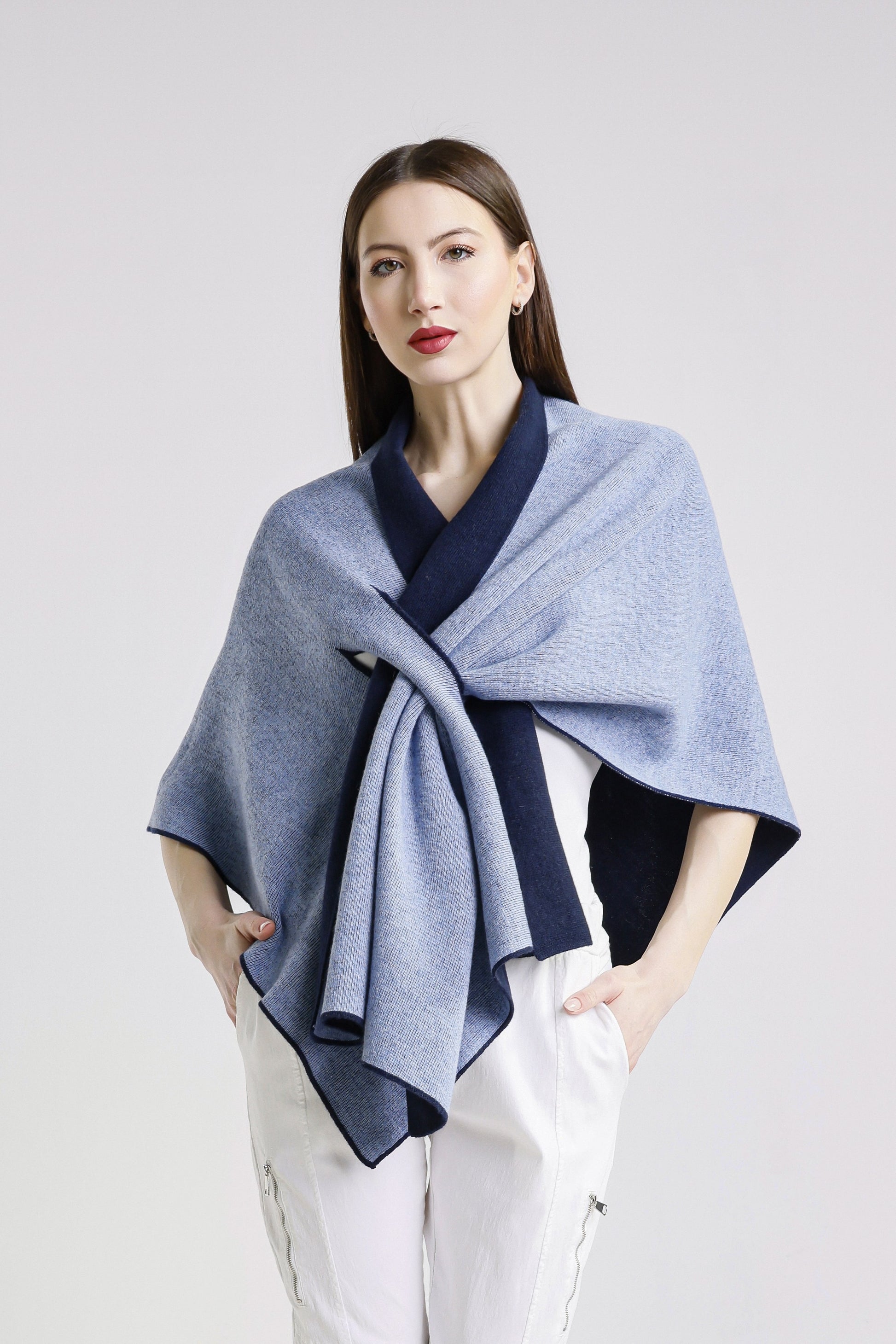 Ellen Merino/Cashmere Reversible Wrap with Loop 419 Navy/Cornflower-2