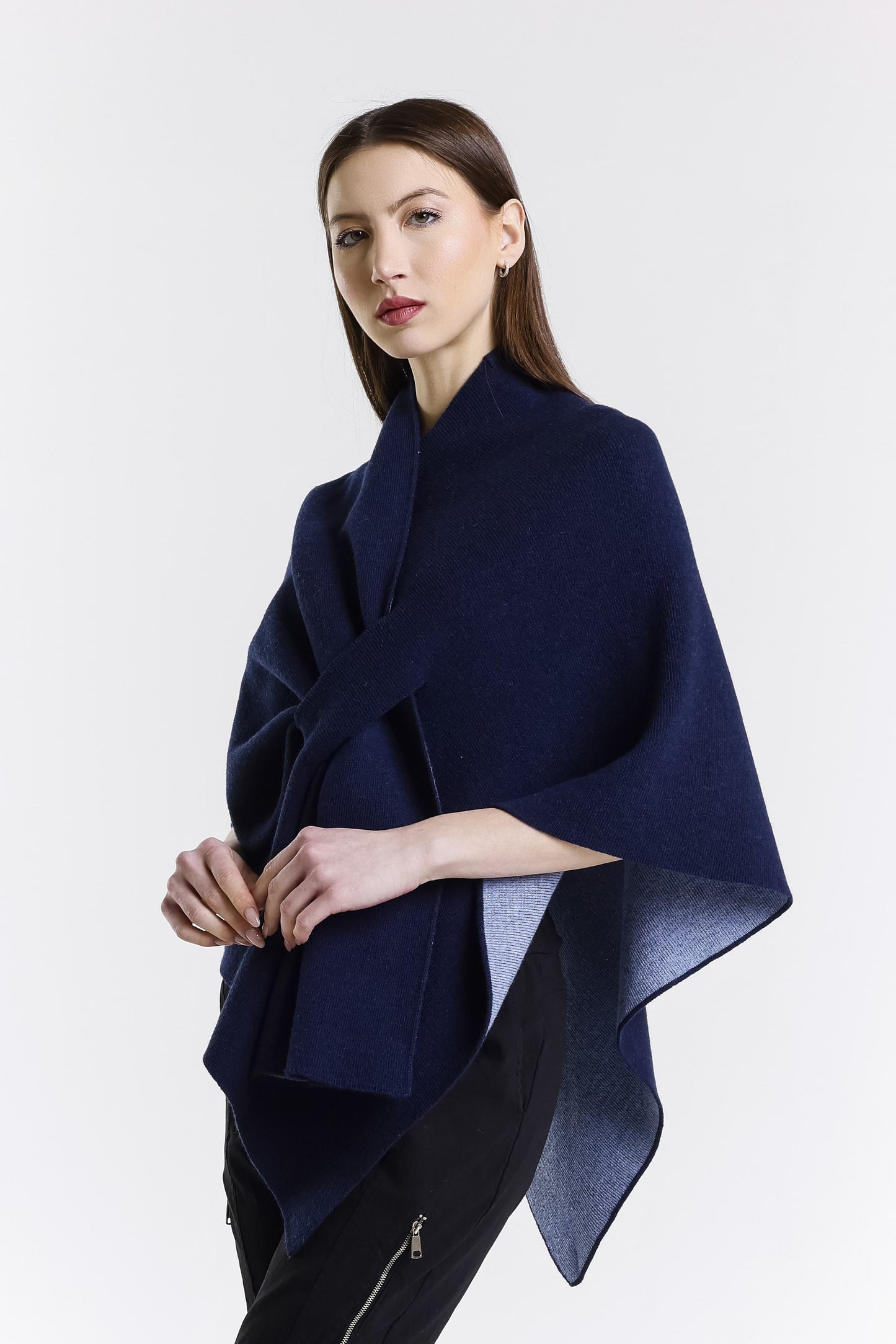Ellen Merino/Cashmere Reversible Wrap with Loop 419 Navy/Cornflower-3