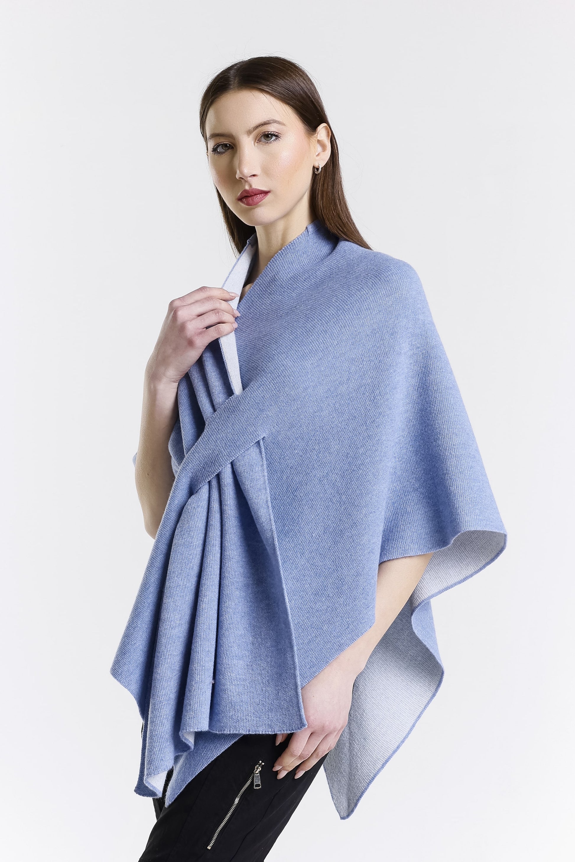 Ellen Merino/Cashmere Reversible Wrap with Loop 469 Cornflower/Cream-3