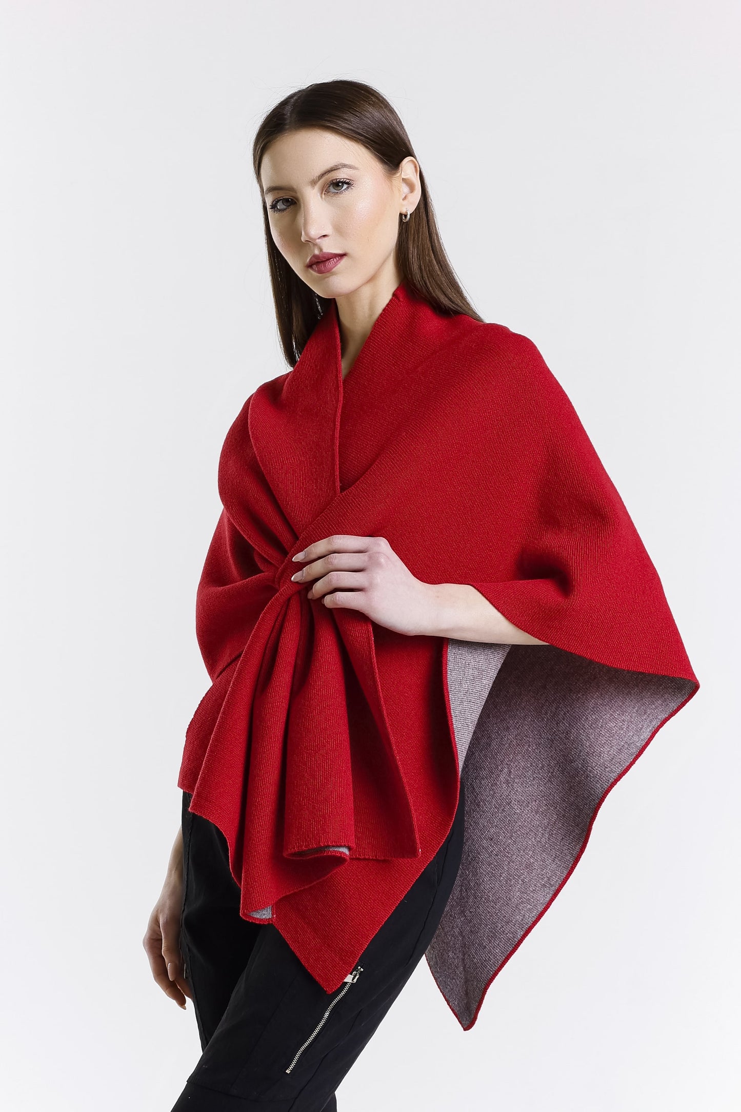 Ellen Merino/Cashmere Reversible Wrap with Loop 632 Red/Gray-3