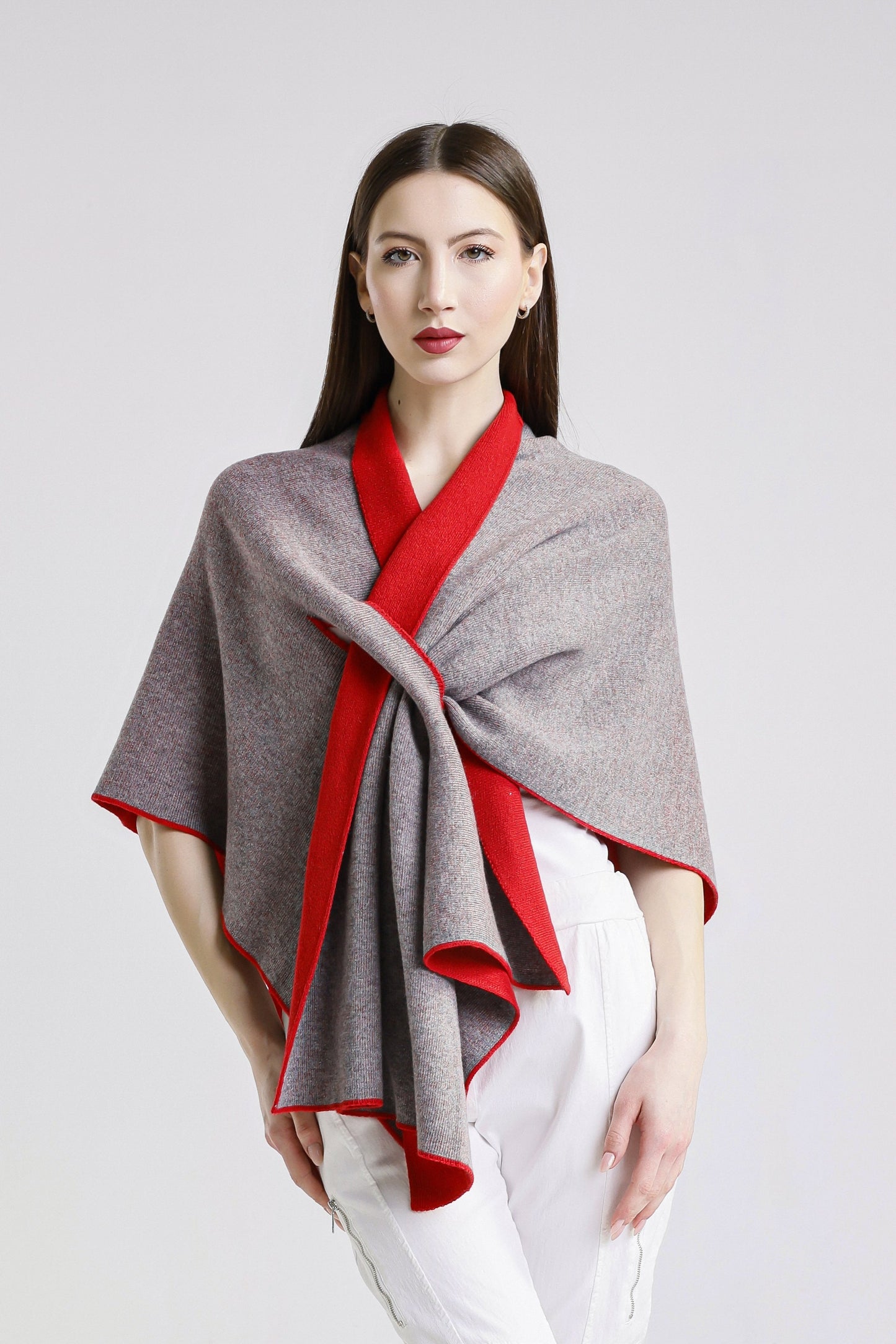Ellen Merino/Cashmere Reversible Wrap with Loop 632 Red/Gray-2