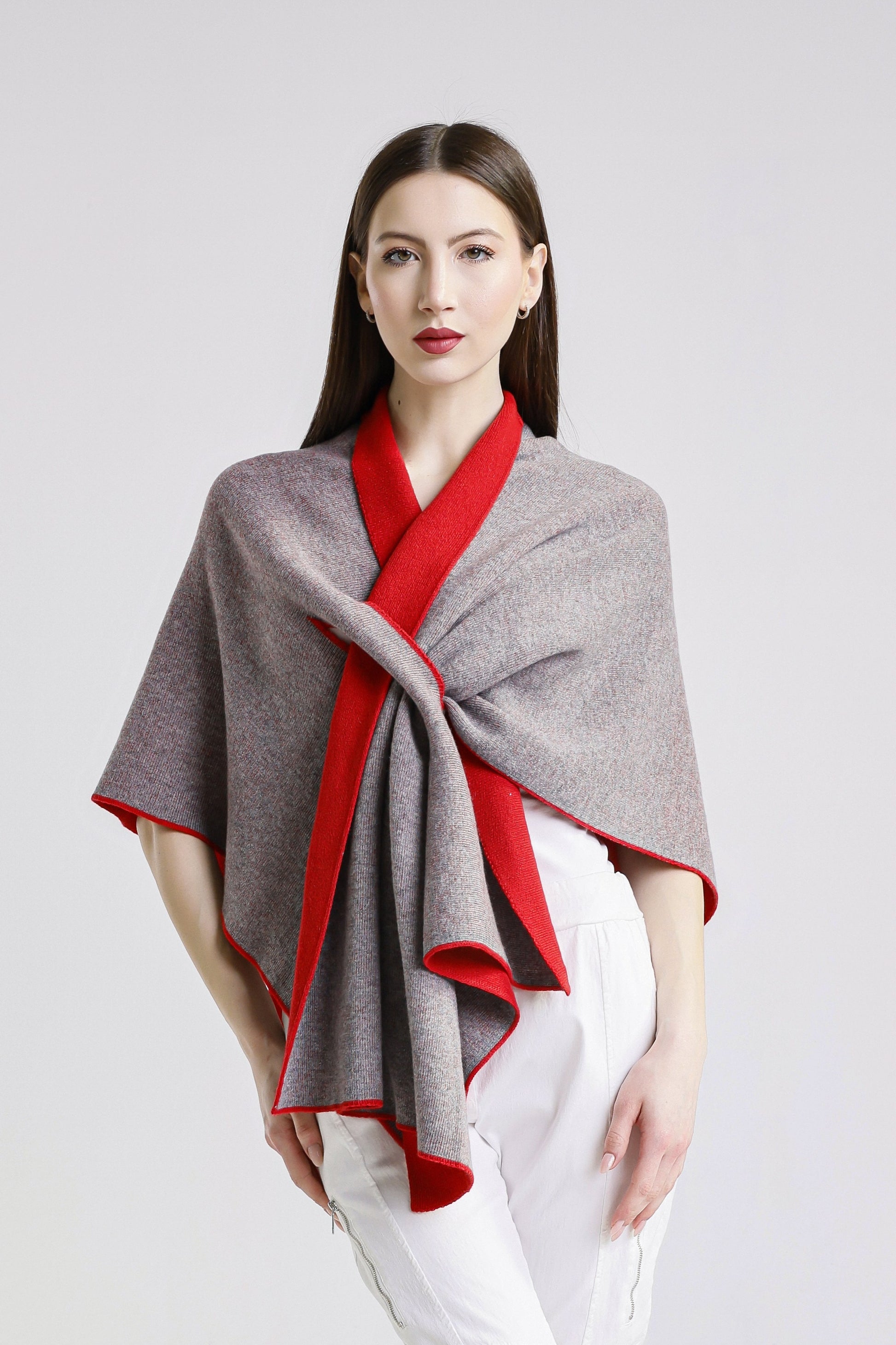 Ellen Merino/Cashmere Reversible Wrap with Loop 632 Red/Gray-2