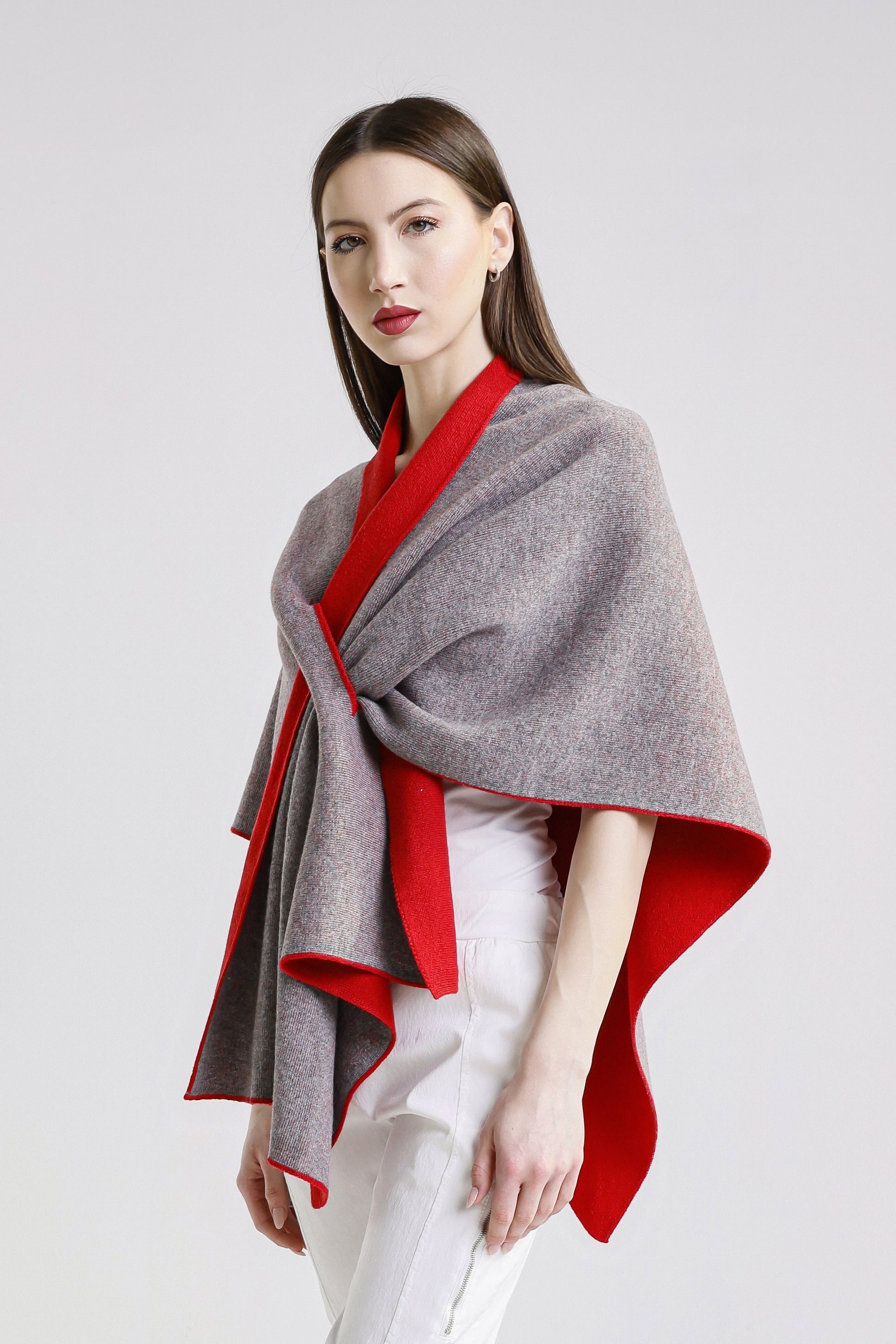 Ellen Merino/Cashmere Reversible Wrap with Loop 632 Red/Gray-4