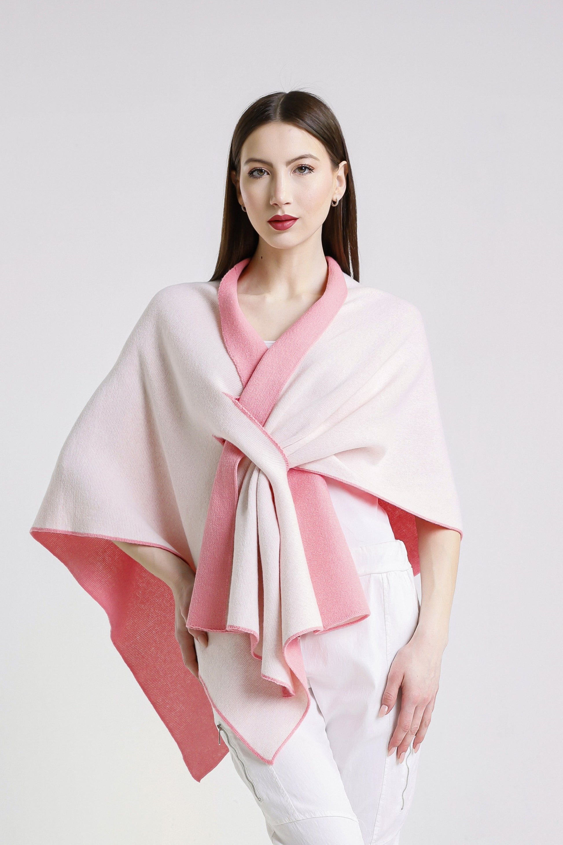 Ellen Merino/Cashmere Reversible Wrap with Loop 659 Pink/Cream-2