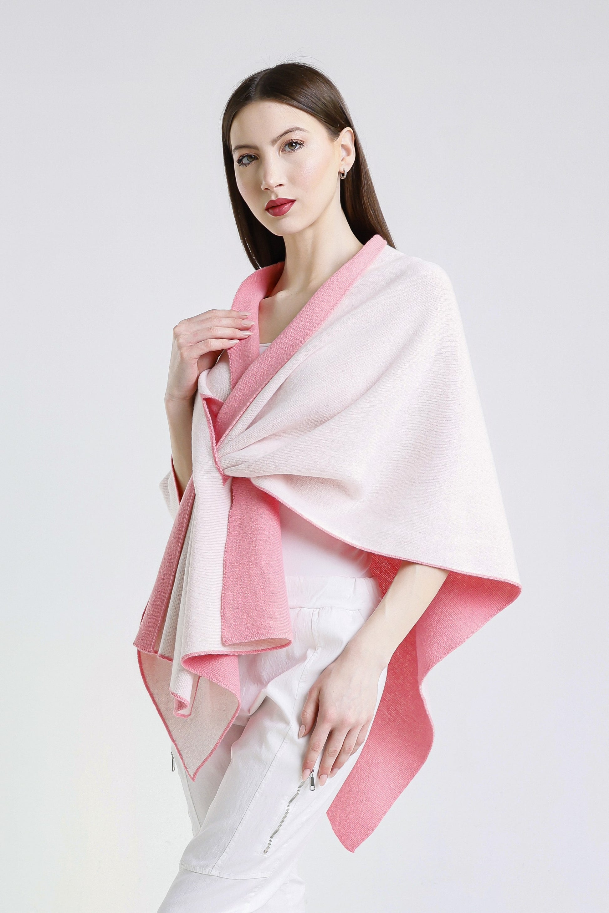Ellen Merino/Cashmere Reversible Wrap with Loop 659 Pink/Cream-4