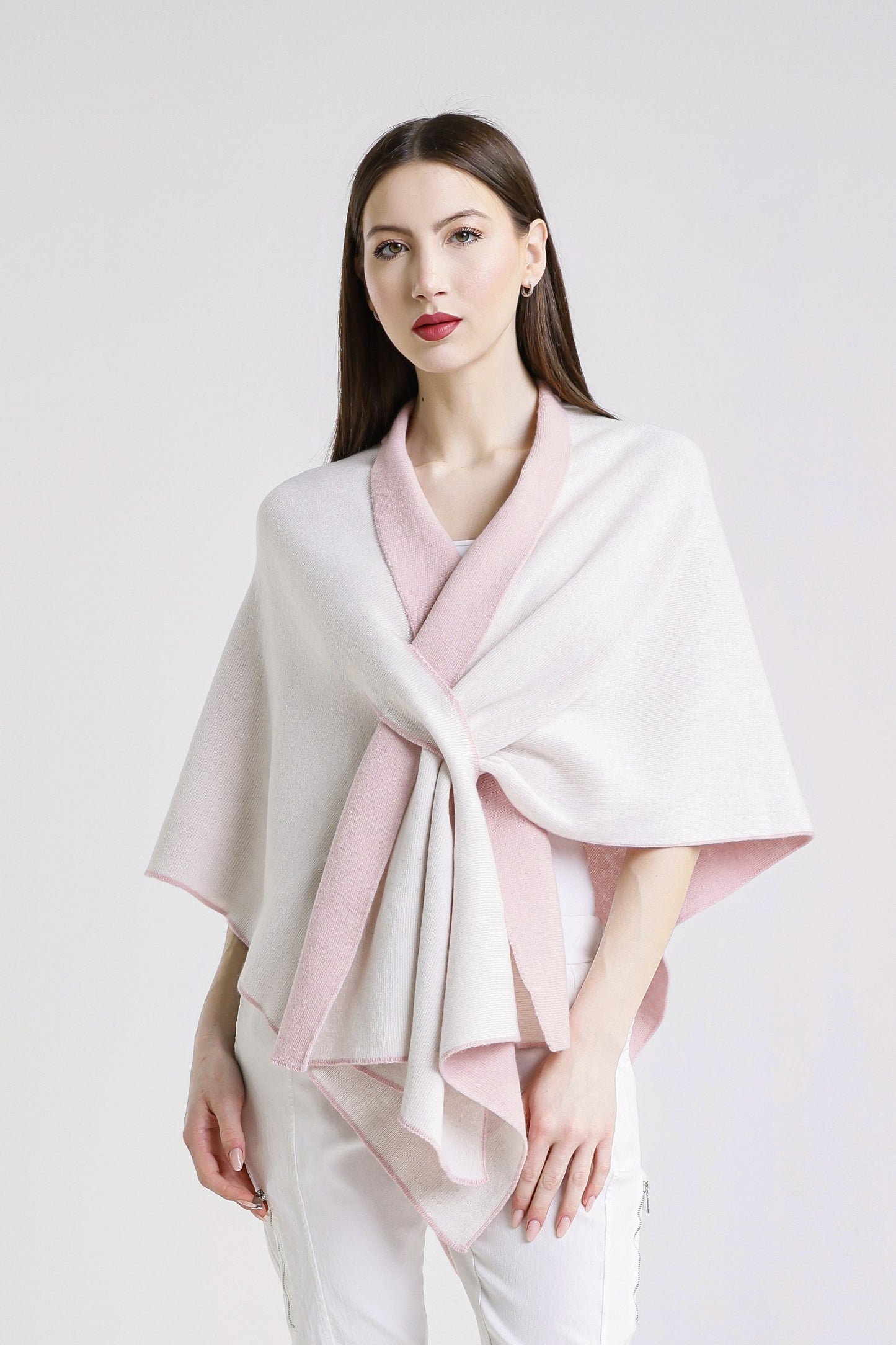 Ellen Merino/Cashmere Reversible Wrap with Loop 952 Rose/Cream-2