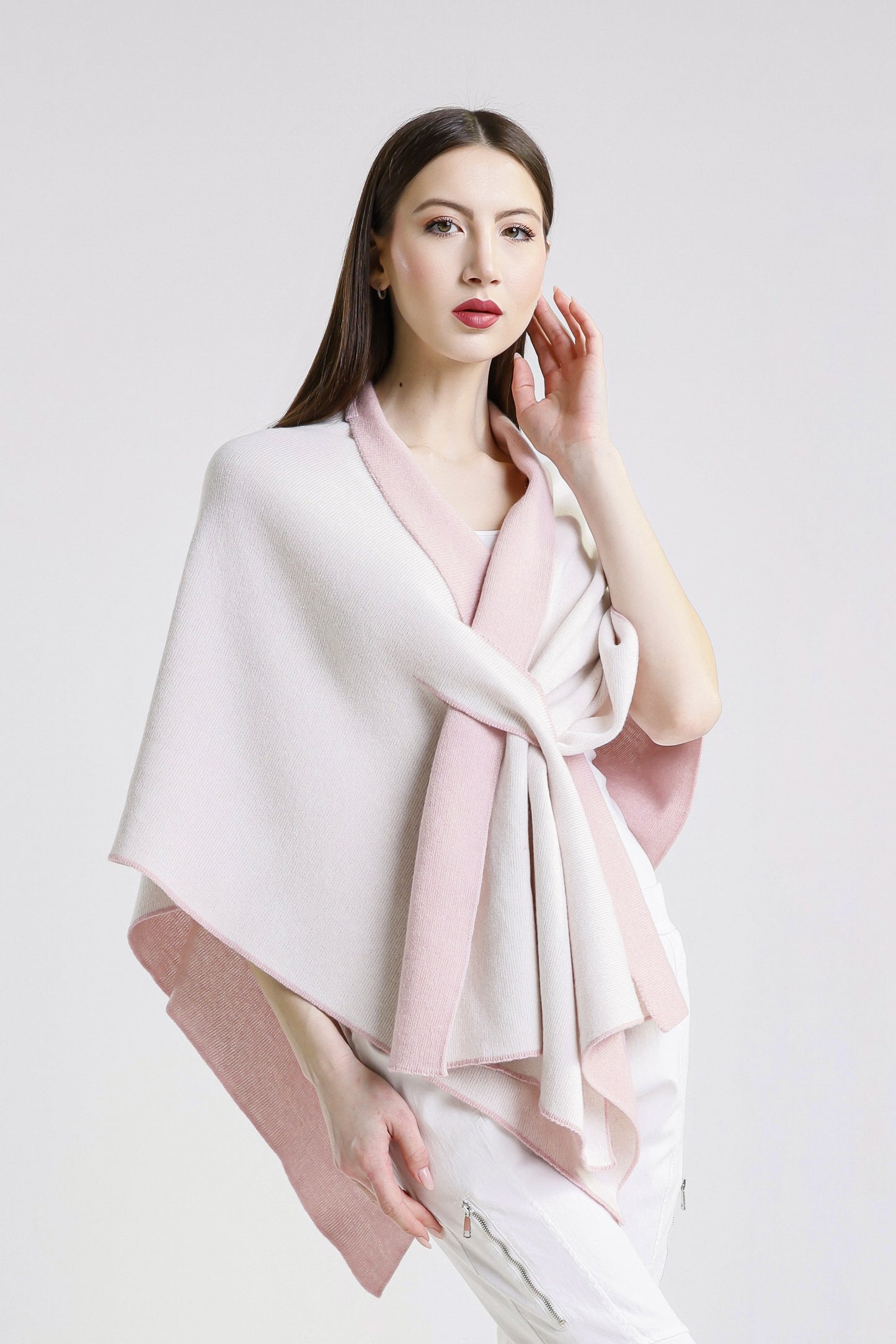 Ellen Merino/Cashmere Reversible Wrap with Loop 952 Rose/Cream-4