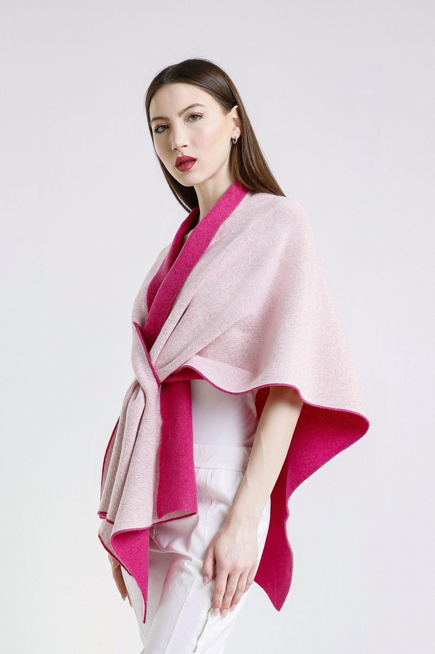 Ellen Merino/Cashmere Reversible Wrap with Loop 954 Peony/Cream-4